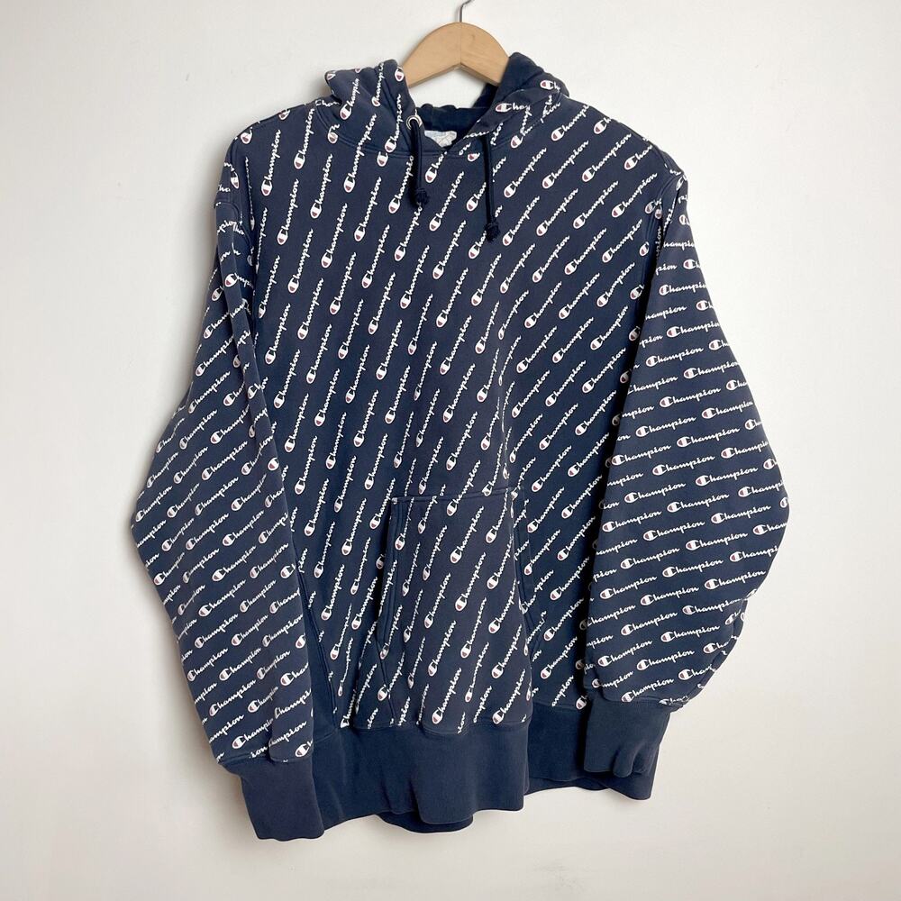 Vintage Y2K Champion Reverse Weave All-Over Logo hoodie XL Streetwear Retro